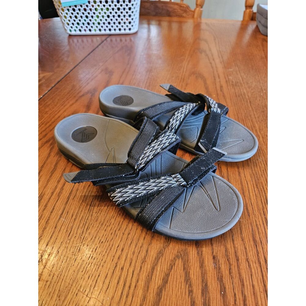 Vionic Black Sandal Slides with Gray Patterned Straps
